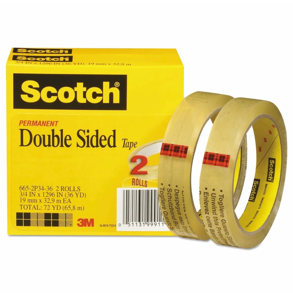 Scotch® Double-Sided Tape, 3/4" x 1296", 3" Core, Transparent, 2/ 051131999114
